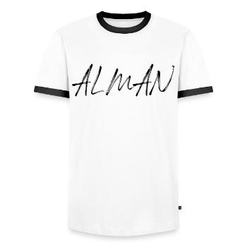 Alman saying font - Men's Ringer Shirt - white/black - Front - AI Model Female 172 light (172cm) & AI Model Male 178 dark (178cm)