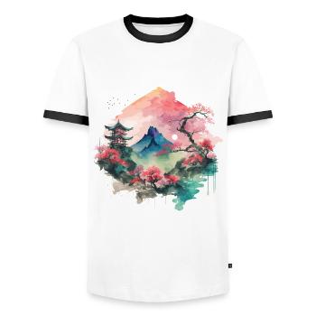 Asiatische Aquarelllandschaft - Männer Kontrast-T-Shirt - Weiß/Schwarz - Vorne - AI Model Female 172 light (172cm) & AI Model Male 178 dark (178cm)