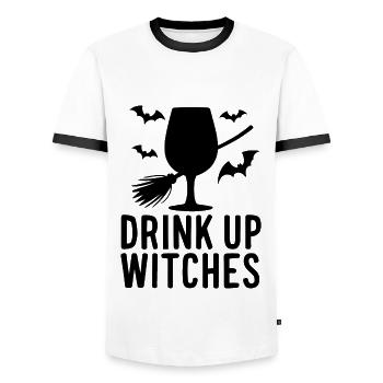 Halloween Witches Saying Drink Up Witches - Men's Ringer Shirt - white/black - Front - AI Model Female 172 light (172cm) & AI Model Male 178 dark (178cm)