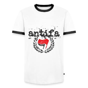 DIE ANTIFA ANTIFASCHISTISCHE LINKE AKTION - Männer Kontrast-T-Shirt - Weiß/Schwarz - Vorne - AI Model Female 172 light (172cm) & AI Model Male 178 dark (178cm)