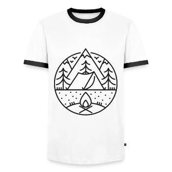 Camping - Extérieur - Feu de camp - Tentes - T-shirt contrasté Homme - blanc/noir - Devant - AI Model Female 172 light (172cm) & AI Model Male 178 dark (178cm)