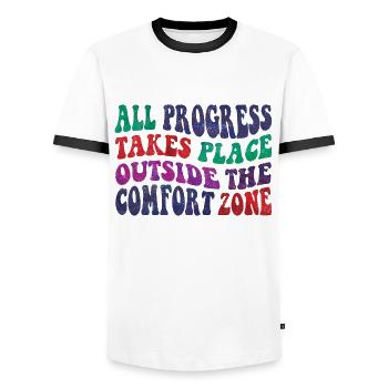 All progress takes place outside the comfort zone - Männer Kontrast-T-Shirt - Weiß/Schwarz - Vorne - AI Model Female 172 light (172cm) & AI Model Male 178 dark (178cm)