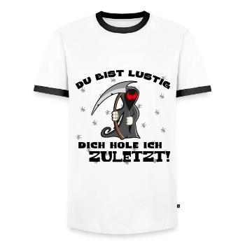 Sensenmann, Metall, Tod, Du bist lustig Funshirt - Männer Kontrast-T-Shirt - Weiß/Schwarz - Vorne - AI Model Female 172 light (172cm) & AI Model Male 178 dark (178cm)