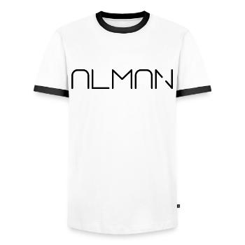 Alman saying font - Men's Ringer Shirt - white/black - Front - AI Model Female 172 light (172cm) & AI Model Male 178 dark (178cm)