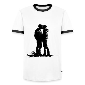 Two boys kissing - Männer Kontrast-T-Shirt - Weiß/Schwarz - Vorne - AI Model Female 172 light (172cm) & AI Model Male 178 dark (178cm)