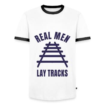 Real men lay tracks rails - Men's Ringer Shirt - white/black - Front - AI Model Female 172 light (172cm) & AI Model Male 178 dark (178cm)