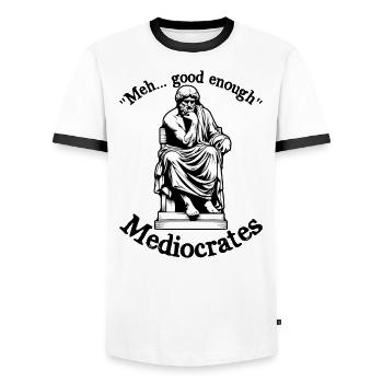 Meh assez bon médiocrate drôle démotivant - T-shirt contrasté Homme - blanc/noir - Devant - AI Model Female 172 light (172cm) & AI Model Male 178 dark (178cm)