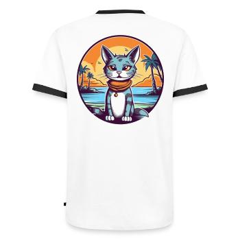 Cartoon cat in tropical paradise - Men's Ringer Shirt - white/black - Back - AI Model Male 178 dark (178cm)