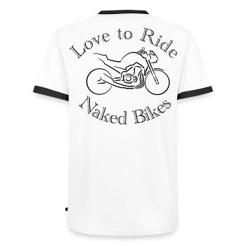 Les motards aiment faire du vélo nu - T-shirt contrasté Homme - blanc/noir - Dos - AI Model Male 178 dark (178cm)