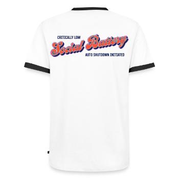 Battery level: Social empty – autoshutdown activated - Men's Ringer Shirt - white/black - Back - AI Model Male 178 dark (178cm)