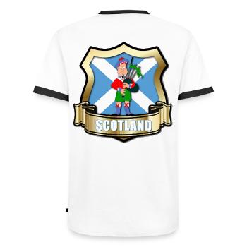 Drapeau de l'Écosse avec bouclier d'or et piper - T-shirt contrasté Homme - blanc/noir - Dos - AI Model Male 178 dark (178cm)