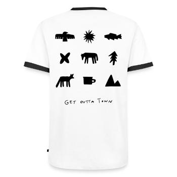 Collaboration d’artiste avec Lisa Sedivy - à l’extérieur de la ville - T-shirt contrasté Homme - blanc/noir - Dos - AI Model Male 178 dark (178cm)