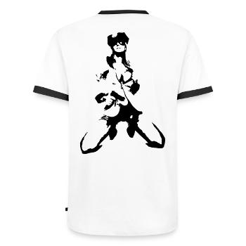 Frau mit Waffe - Männer Kontrast-T-Shirt - Weiß/Schwarz - Hinten - AI Model Male 178 dark (178cm)