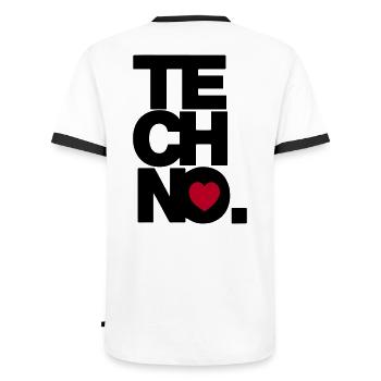 I love TECHNO - Männer Kontrast-T-Shirt - Weiß/Schwarz - Hinten - AI Model Male 178 dark (178cm)