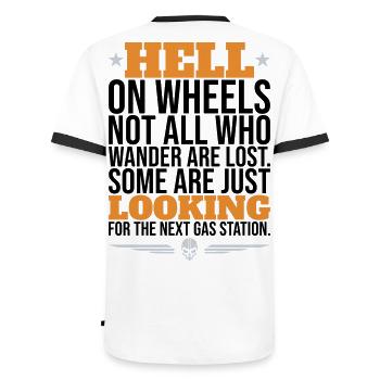 Hell On Wheels – Gas Station Biker - Männer Kontrast-T-Shirt - Weiß/Schwarz - Hinten - AI Model Male 178 dark (178cm)