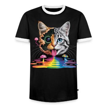 Surreal Cat Half-Glitch Design - Men's Ringer Shirt - black/white - Front - AI Model Female 172 light (172cm) & AI Model Male 178 light (178cm)