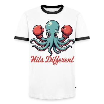 Hits Different - Men's Ringer Shirt - white/black - Front - AI Model Female 172 light (172cm) & AI Model Male 178 dark (178cm)