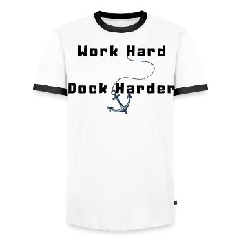 Work Hard Dock Harder - Men's Ringer Shirt - white/black - Front - AI Model Female 172 light (172cm) & AI Model Male 178 dark (178cm)
