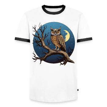 Nachtmond-Eule im Rundkreis - Männer Kontrast-T-Shirt - Weiß/Schwarz - Vorne - AI Model Female 172 light (172cm) & AI Model Male 178 dark (178cm)