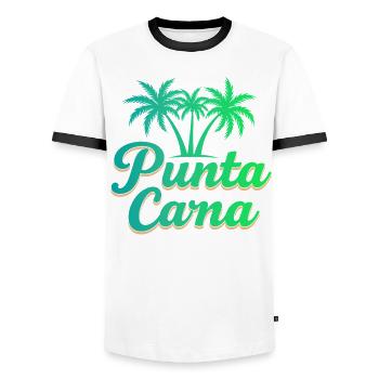 Vacances caribéennes à Punta Cana avec palmiers - T-shirt contrasté Homme - blanc/noir - Devant - AI Model Female 172 light (172cm) & AI Model Male 178 dark (178cm)
