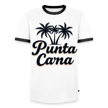 Vacances caribéennes à Punta Cana avec palmiers - T-shirt contrasté Homme - blanc/noir - Devant - AI Model Female 172 light (172cm) & AI Model Male 178 dark (178cm)