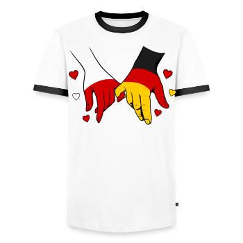 Polen_Deutschland_Flagge_Händehalten - T-shirt contrasté Homme - blanc/noir - Devant - AI Model Female 172 light (172cm) & AI Model Male 178 dark (178cm)