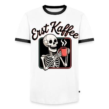 First Coffee Skeleton - Men's Ringer Shirt - white/black - Front - AI Model Female 172 light (172cm) & AI Model Male 178 dark (178cm)