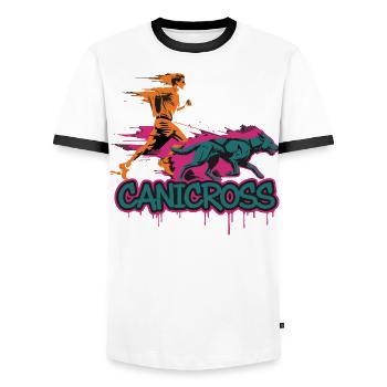 Canicross Laufen mit Hund - Männer Kontrast-T-Shirt - Weiß/Schwarz - Vorne - AI Model Female 172 light (172cm) & AI Model Male 178 dark (178cm)