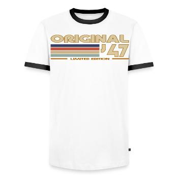 1957 - T-shirt contrasté Homme - blanc/noir - Devant - AI Model Female 172 light (172cm) & AI Model Male 178 dark (178cm)