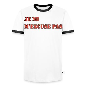 I DON'T APOLOGIZE - Men's Ringer Shirt - white/black - Front - AI Model Female 172 light (172cm) & AI Model Male 178 dark (178cm)