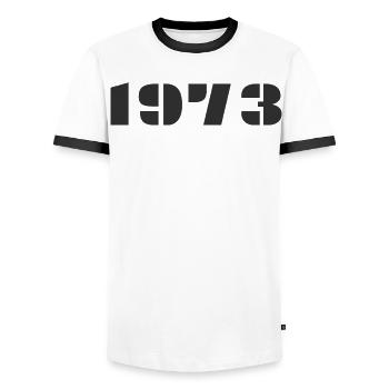 1973 - T-shirt contrasté Homme - blanc/noir - Devant - AI Model Female 172 light (172cm) & AI Model Male 178 dark (178cm)