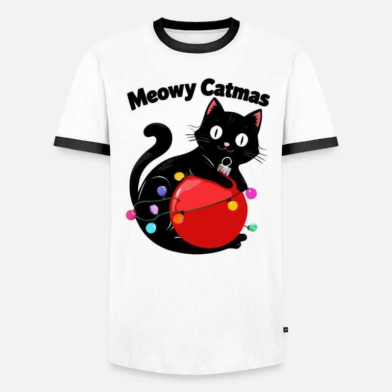 Meowy Catmas - Katze mit Weihnachtskugel - Männer Kontrast-T-Shirt - Weiß/Schwarz