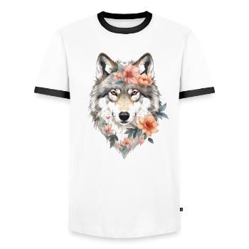 Flower Wolf Portrait - Men's Ringer Shirt - white/black - Front - AI Model Female 172 light (172cm) & AI Model Male 178 dark (178cm)