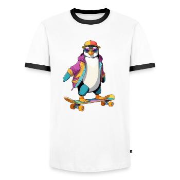 Penguin Skateboard Neon Look - Men's Ringer Shirt - white/black - Front - AI Model Female 172 light (172cm) & AI Model Male 178 dark (178cm)