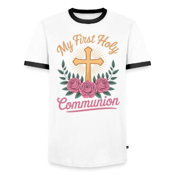 Erste Heilige Kommunion Kreuz Rosen - Männer Kontrast-T-Shirt - Weiß/Schwarz - Vorne - AI Model Female 172 light (172cm) & AI Model Male 178 dark (178cm)
