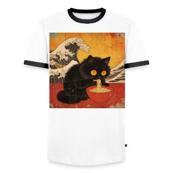 Japan Cat Ramen Noodles Retro Wave Pattern - Men's Ringer Shirt - white/black - Front - AI Model Female 172 light (172cm) & AI Model Male 178 dark (178cm)