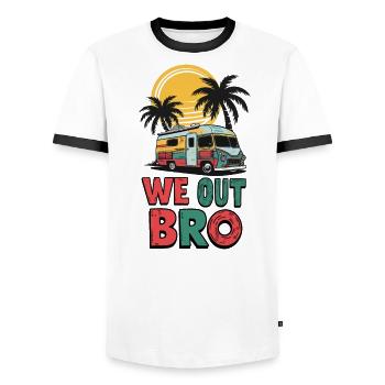 We out bro, Last day of school teacher - Men's Ringer Shirt - white/black - Front - AI Model Female 172 light (172cm) & AI Model Male 178 dark (178cm)