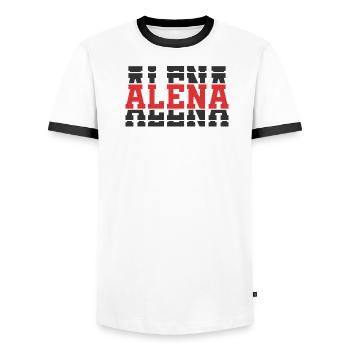 Alena t-shirt stacked text gift idea t-shirt - Men's Ringer Shirt - white/black - Front - AI Model Female 172 light (172cm) & AI Model Male 178 dark (178cm)
