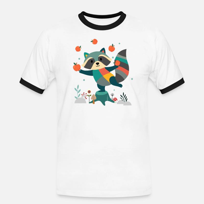Playful raccoon happily juggling apples - Men's Ringer Shirt - white/black