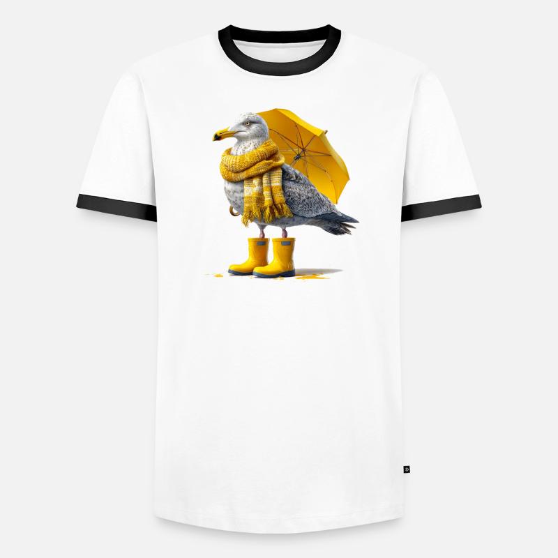Seemöwe mit Gelbem Regenschirm und Boots - Männer Kontrast-T-Shirt - Weiß/Schwarz