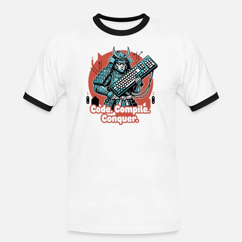 Code Battle Samurai with Keyboard - Men's Ringer Shirt - white/black