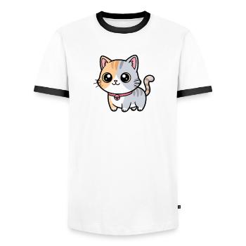 Calico-Kätzchenhalsband-Anhänger - Männer Kontrast-T-Shirt - Weiß/Schwarz - Vorne - AI Model Female 172 light (172cm) & AI Model Male 178 dark (178cm)
