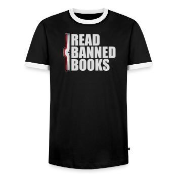 Read Banned Books Verbotene Bücher Lesen Freiheit - Men's Ringer Shirt - black/white - Front - AI Model Female 172 light (172cm) & AI Model Male 178 light (178cm)
