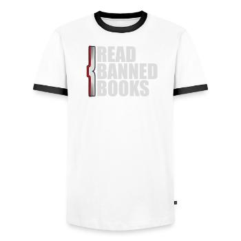 Lire des livres interdits Verbotene Bücher Lesen Freiheit - T-shirt contrasté Homme - blanc/noir - Devant - AI Model Female 172 light (172cm) & AI Model Male 178 dark (178cm)
