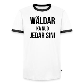 Wäldar ka nüd jedar sin! - Men's Ringer Shirt - white/black - Front - AI Model Female 172 light (172cm) & AI Model Male 178 dark (178cm)