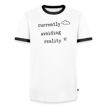 Currently Avoiding Reality Funny Shirt - Men's Ringer Shirt - white/black - Front - AI Model Female 172 light (172cm) & AI Model Male 178 dark (178cm)