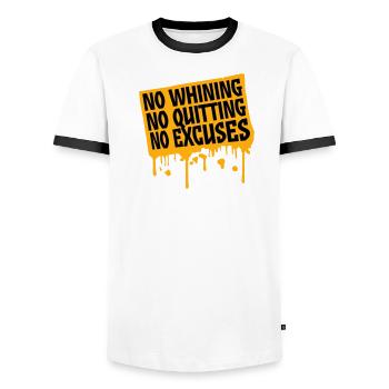 Pas de plaintes, pas d’abandon, pas d’excuses, motivation pour la salle de sport - T-shirt contrasté Homme - blanc/noir - Devant - AI Model Female 172 light (172cm) & AI Model Male 178 dark (178cm)