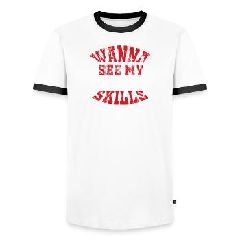 want to See My Air Guitar Skills Funny Rocker Design - Men's Ringer Shirt - white/black - Front - AI Model Female 172 light (172cm) & AI Model Male 178 dark (178cm)