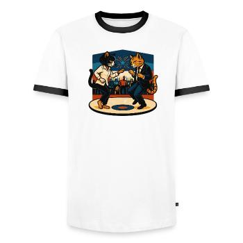 Zwei Retro-Katzen tanzen – Vintage Stil - Männer Kontrast-T-Shirt - Weiß/Schwarz - Vorne - AI Model Female 172 light (172cm) & AI Model Male 178 dark (178cm)