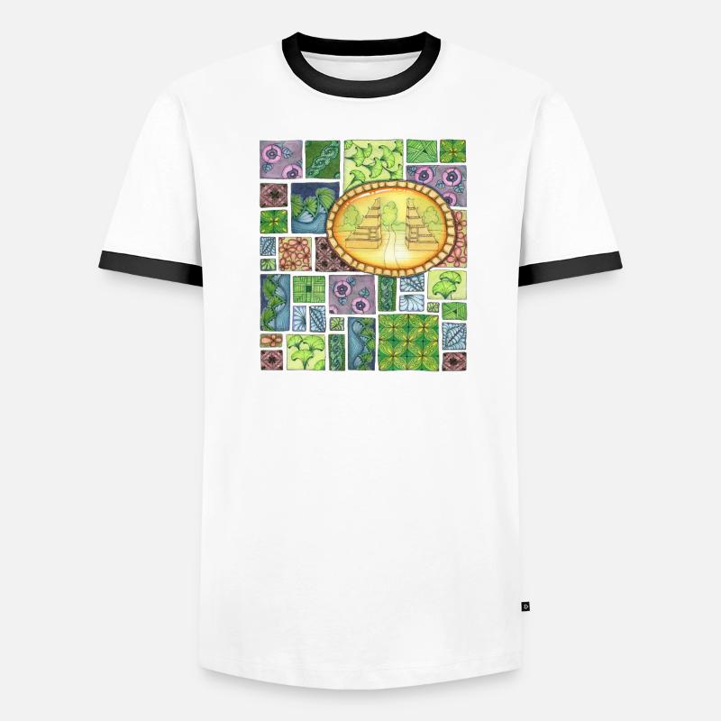 Bali temple on pattern patchwork - Männer Kontrast-T-Shirt - Weiß/Schwarz
